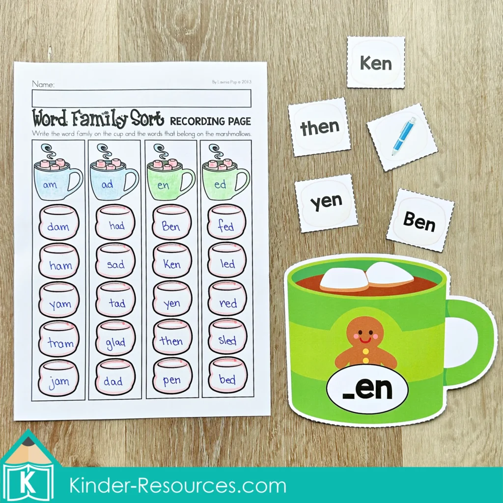 Winter Literacy Centers for Kindergarten word family sorting worksheet