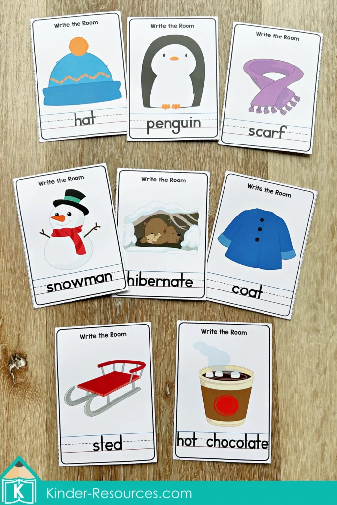 Winter Literacy Centers for Kindergarten write the room vocabulary cards with winter themed words