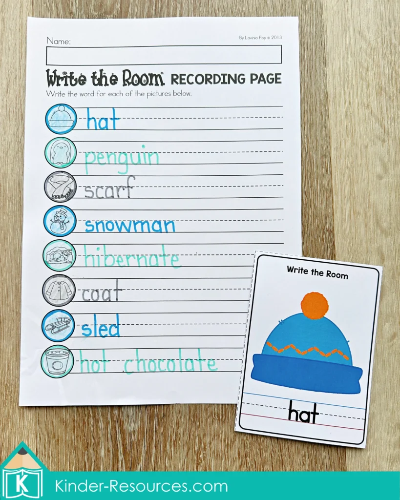 Winter Literacy Centers for Kindergarten write the room worksheet for vocabulary writing practice