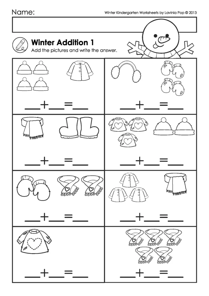 Winter Addition Picture Worksheets for Kindergarten