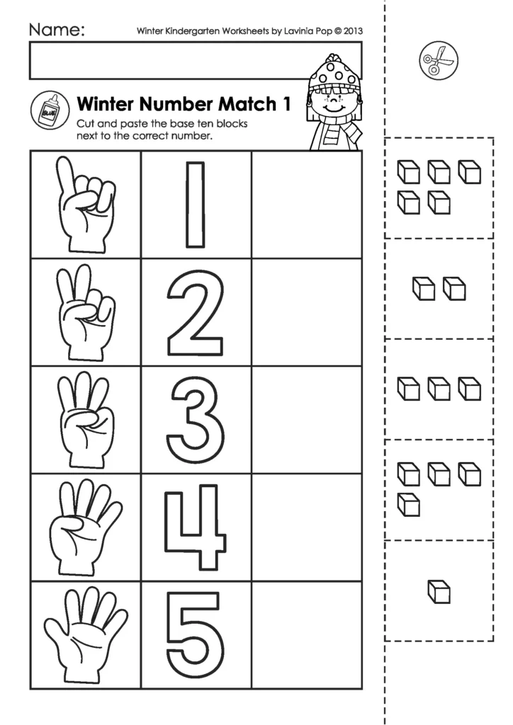 Winter Kindergarten Math Number Match Base Ten Blocks Worksheet