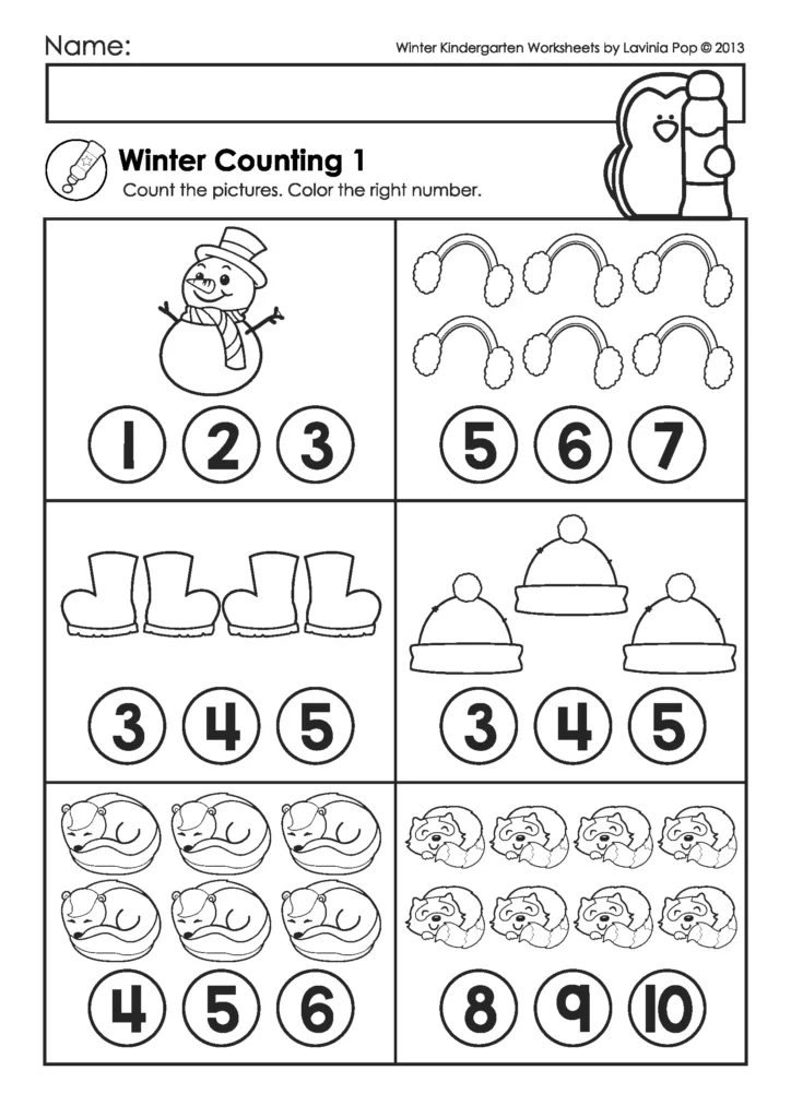Winter Kindergarten Math Worksheets and Activities counting worksheet for numbers 1 to 10 with picture counting