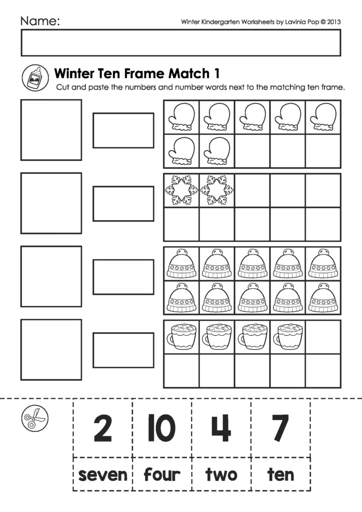 Winter Kindergarten Math Worksheets and Activities ten frame matching worksheet with numerals and number words