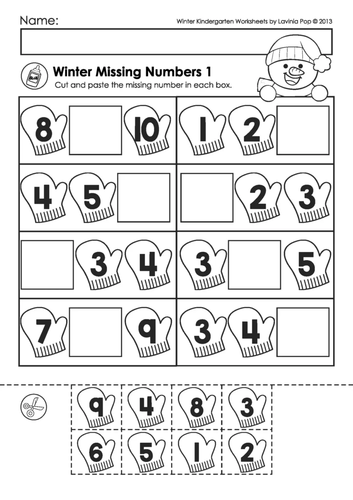 Winter kindergarten math worksheets and activities with missing number sequences using mitten cut and paste number cards