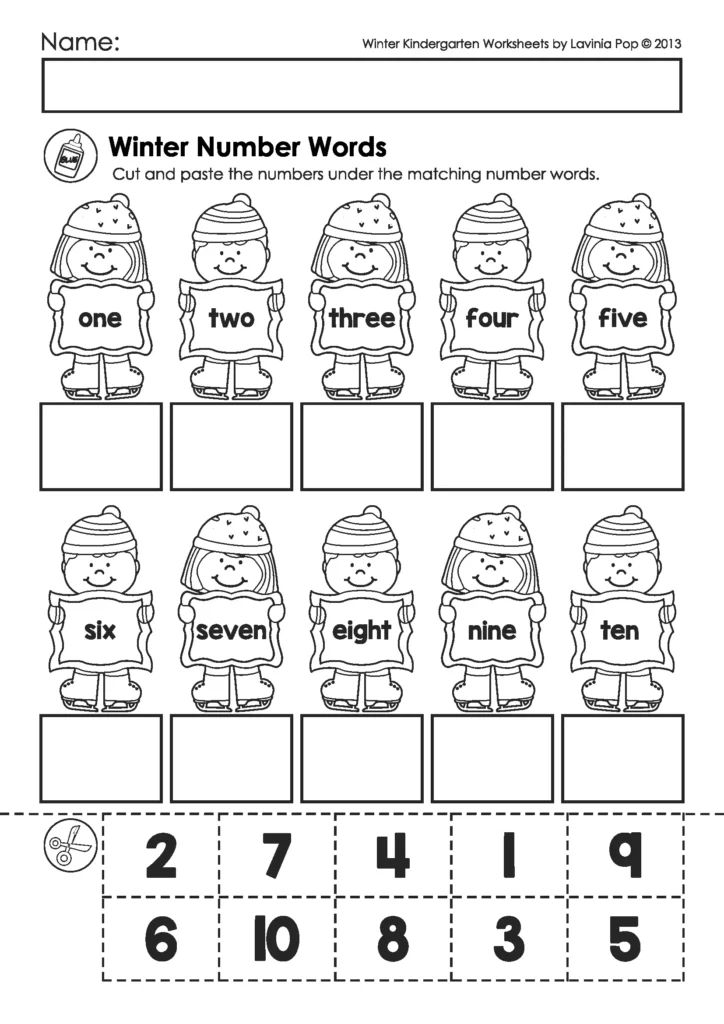Winter Number Words Cut and Paste Worksheets
