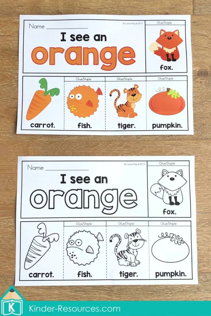 Colors Flip Book Emergent Readers orange booklet with carrot, fish, tiger, pumpkin, and fox pages in color and black and white.