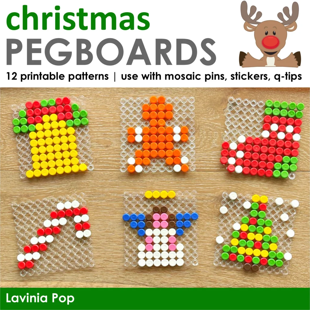 Christmas pegboard mosaic puzzle designs including bell, gingerbread man, stocking, candy cane, angel, and Christmas tree made with colorful mosaic pins on clear pegboards.