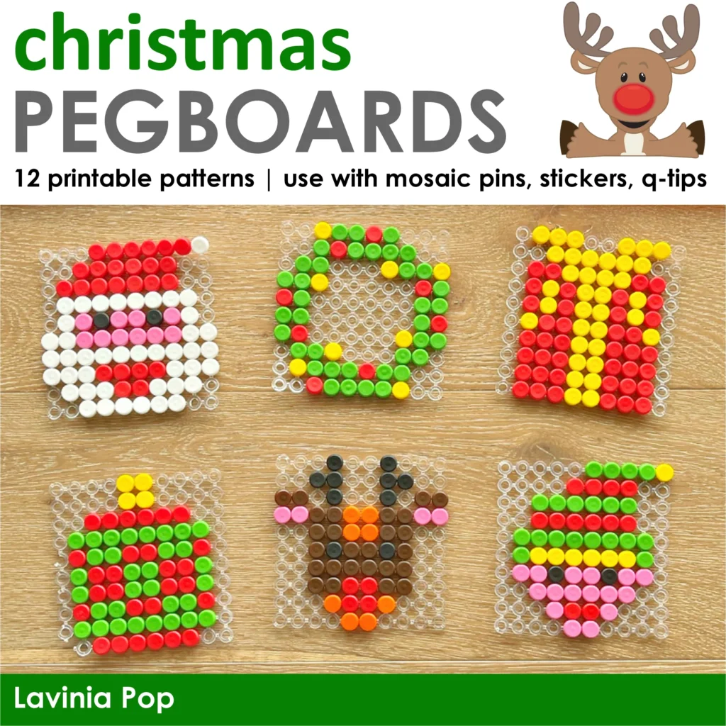 Christmas pegboard mosaic puzzle designs including Santa, wreath, present, ornament, reindeer, and bauble made with colorful mosaic pins on clear pegboards.