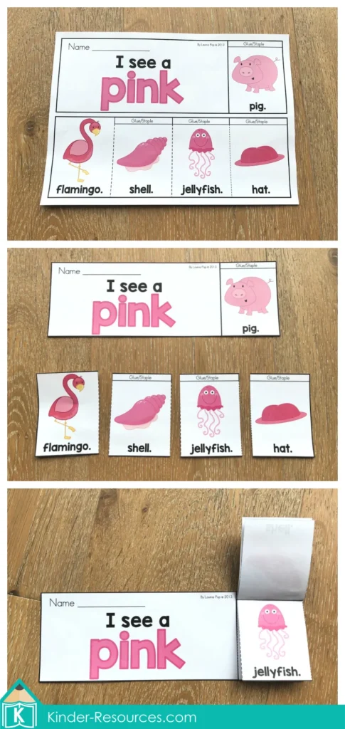 Colors Flip Book Emergent Readers pink booklet with flamingo, shell, jellyfish, hat, pig pages and matching writing worksheets.