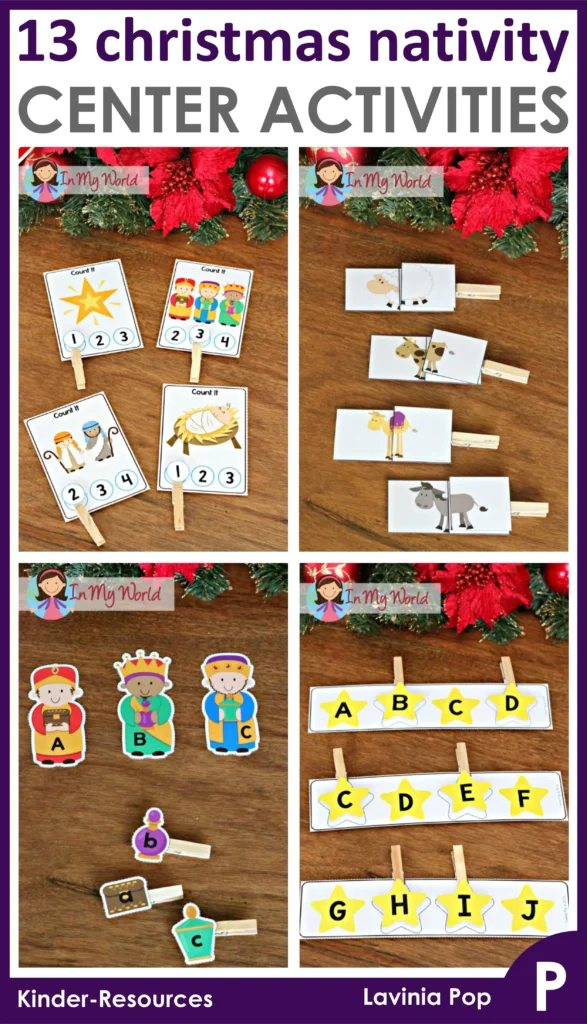 Christmas Nativity Centers for Preschool tall cover image with counting clip cards, animal puzzles, beginning sounds activities, and alphabet star strips for December centers.