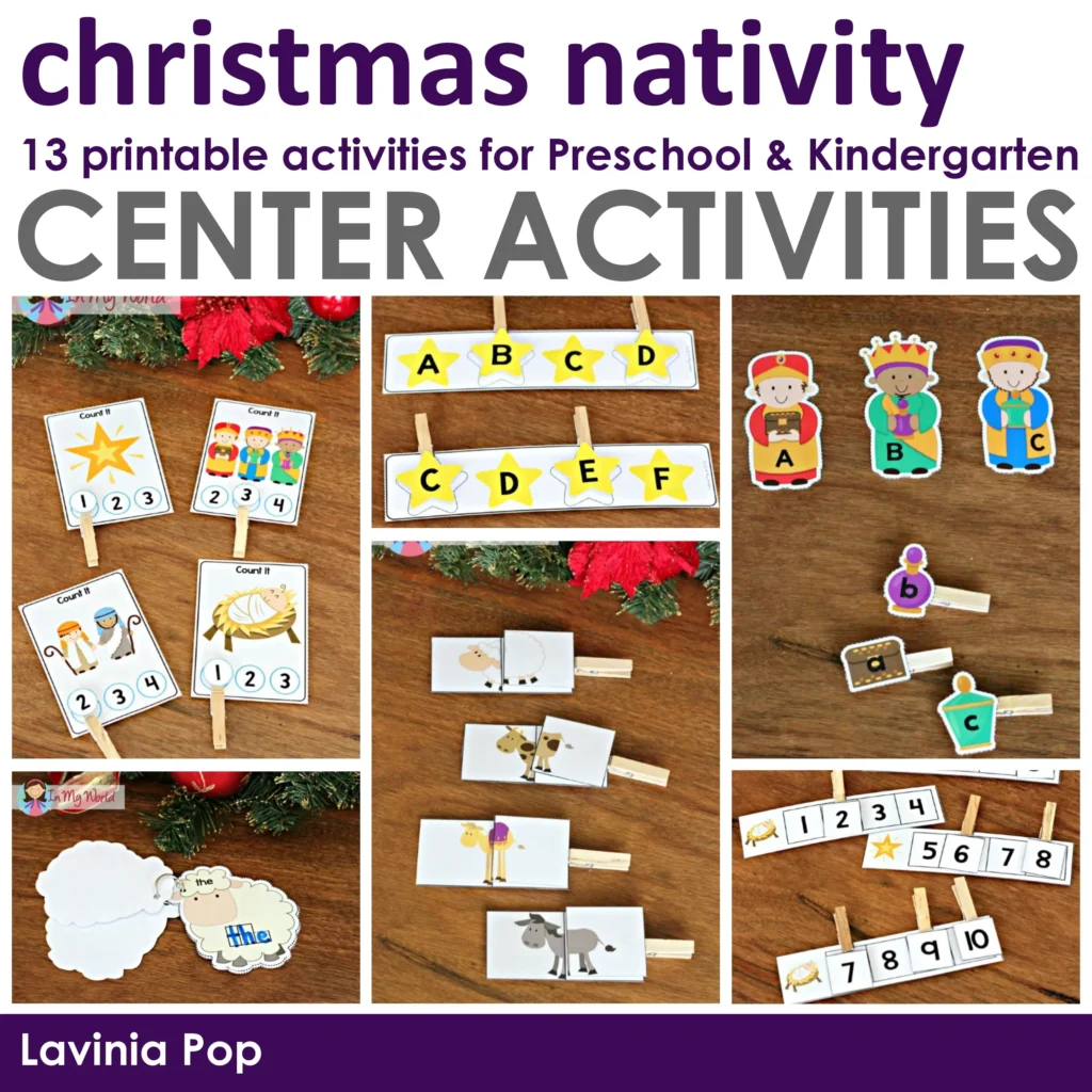 Christmas Nativity Centers for Preschool cover image with counting cards, alphabet star strips, beginning sounds clip cards, and nativity themed matching activities for preschool and kindergarten.