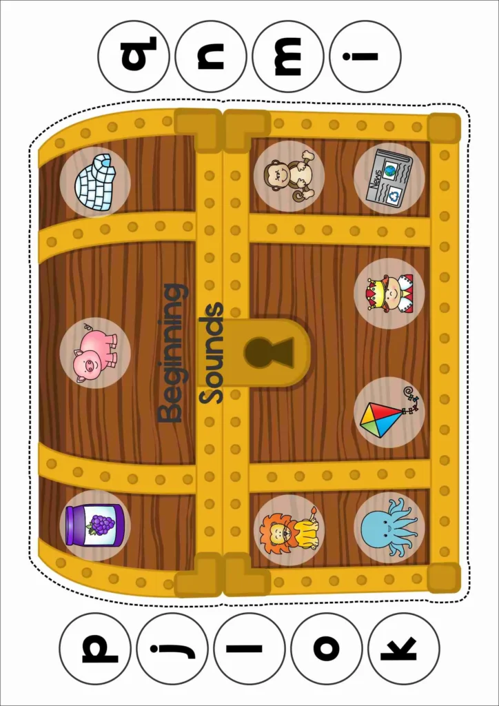 Beginning sounds treasure chest activity from the Christmas Nativity Centers for Preschool where children identify initial sounds using picture cards and letter circles.