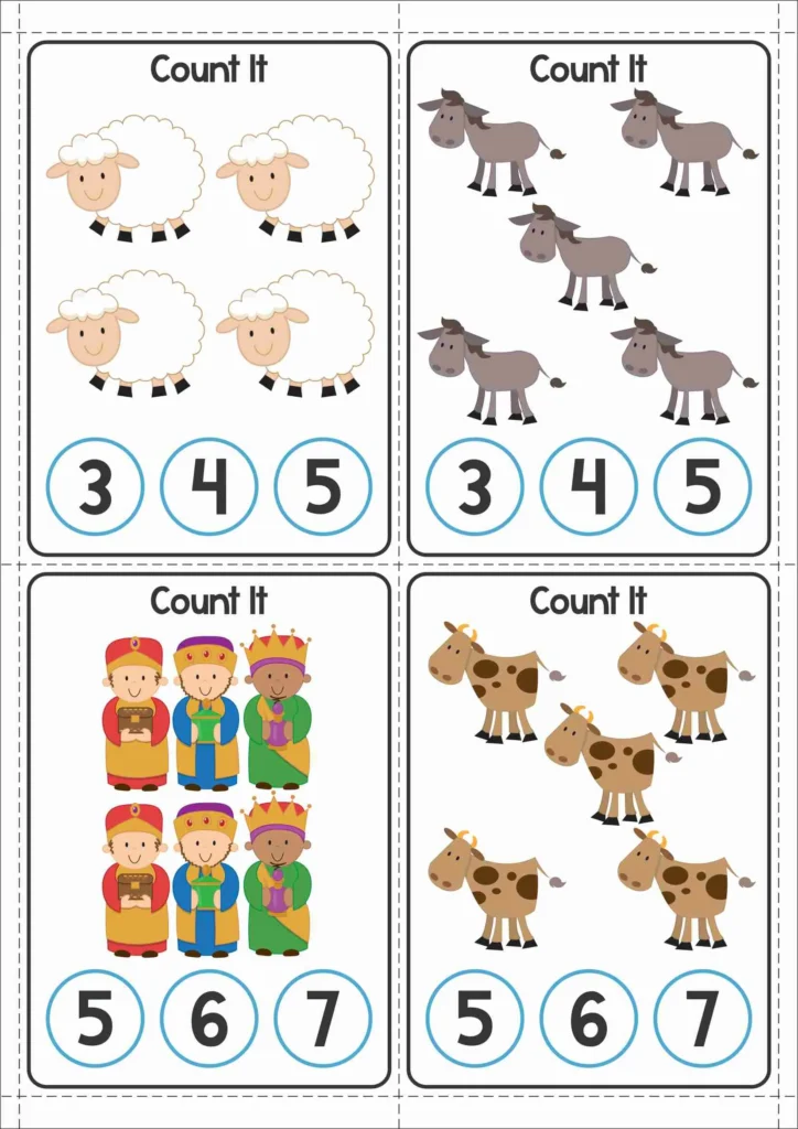 Counting clip cards from the Christmas Nativity Centers for Preschool with sheep, donkeys, wise men, and cows for children to count and clip the correct number.