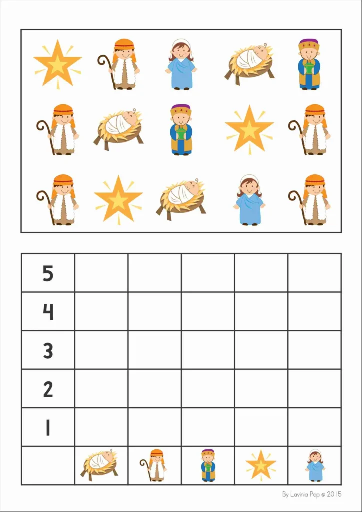 Count and graph activity from the Christmas Nativity Centers for Preschool with nativity characters and a recording grid for children to graph quantities.