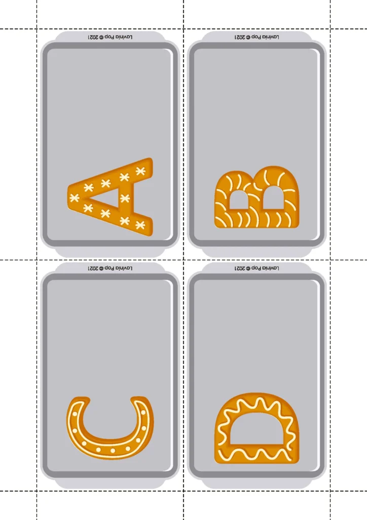 Gingerbread Preschool Centers uppercase cookie letter cards on baking tray backgrounds for alphabet recognition.