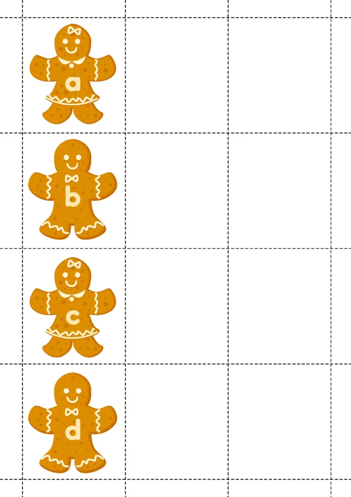 Gingerbread Preschool Centers matching cards with lowercase gingerbread kids used for uppercase and lowercase alphabet matching.