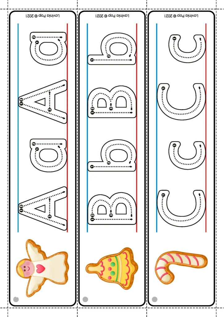 Gingerbread Preschool Centers alphabet tracing strips with uppercase and lowercase letters and gingerbread themed pictures.