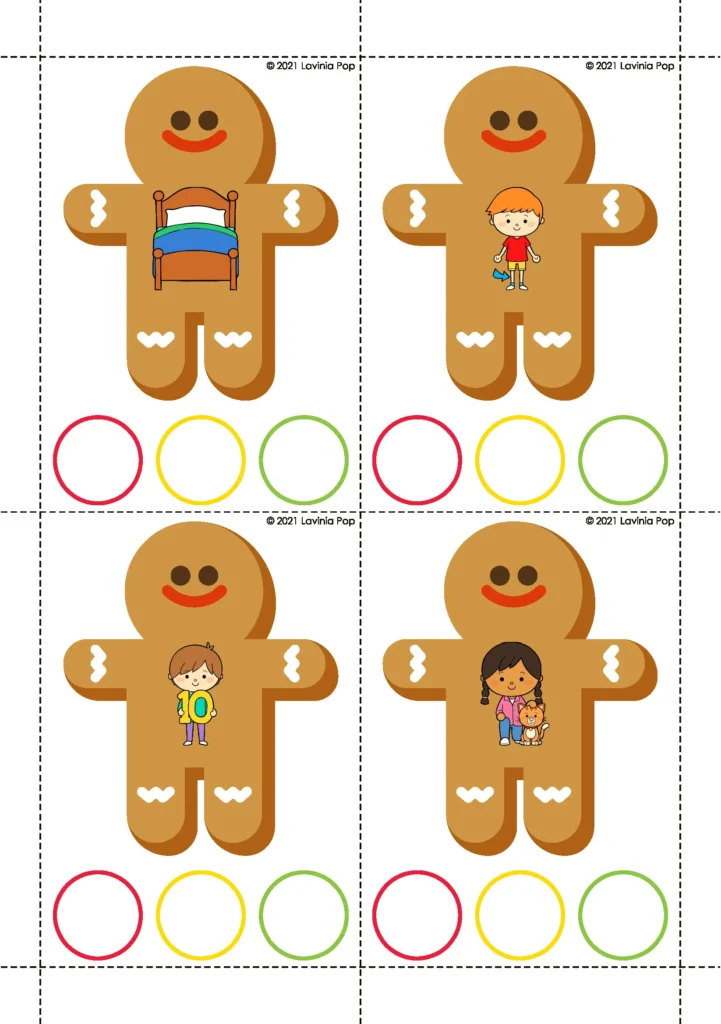 Gingerbread Preschool Centers CVC word building mat with gingerbread kids for segmenting and blending simple words.