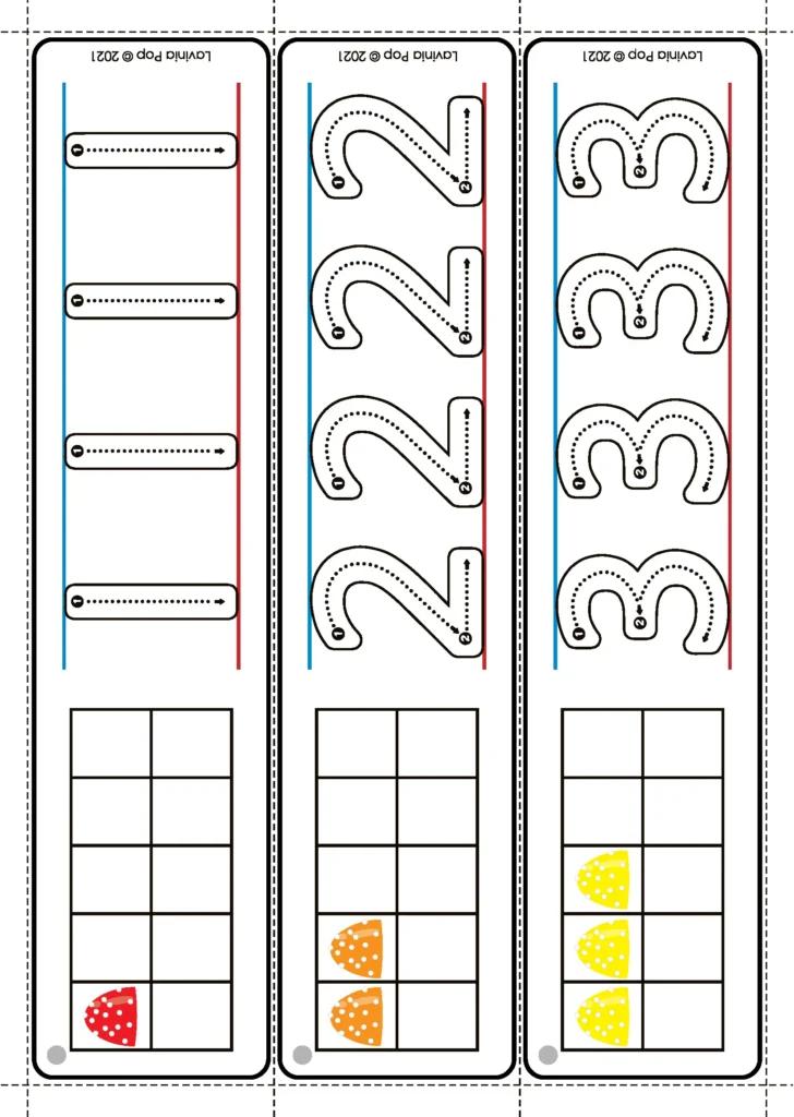 Gingerbread Preschool Centers number tracing strips with dotted numbers and matching ten frames for early handwriting and counting.