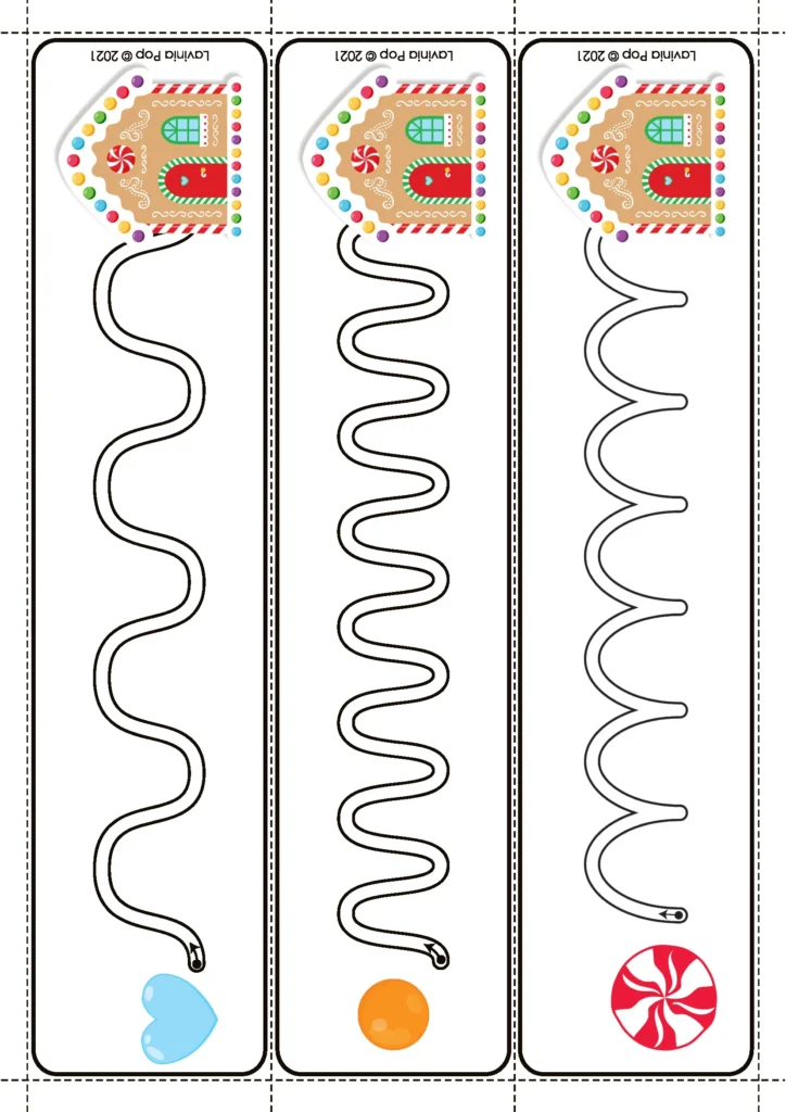 Gingerbread Preschool Centers tracing paths from a gingerbread house to themed icons for fine motor and pencil control.