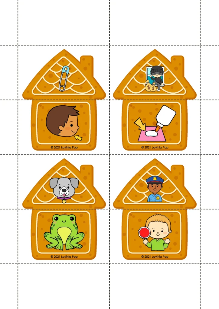 Gingerbread Preschool Centers rhyming card pairs inside gingerbread houses for phonological awareness practice.