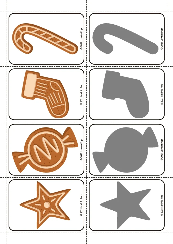 Gingerbread Preschool Centers shadow match cards pairing gingerbread themed shapes with their silhouettes.