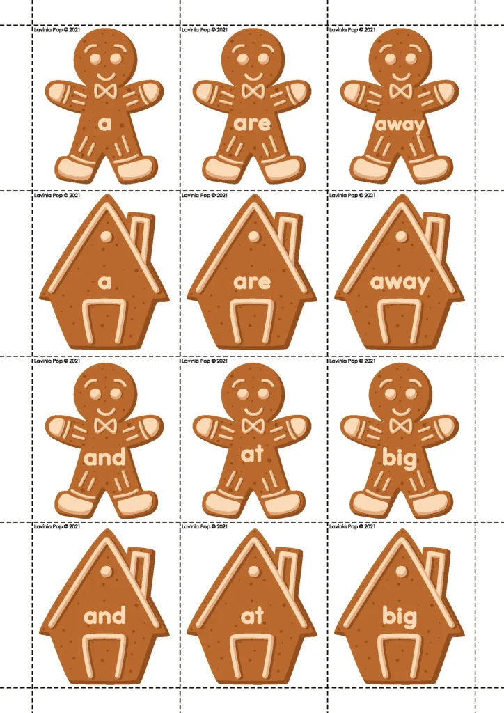 Gingerbread Preschool Centers sight word cards with gingerbread kids and gingerbread houses featuring matching high frequency words.