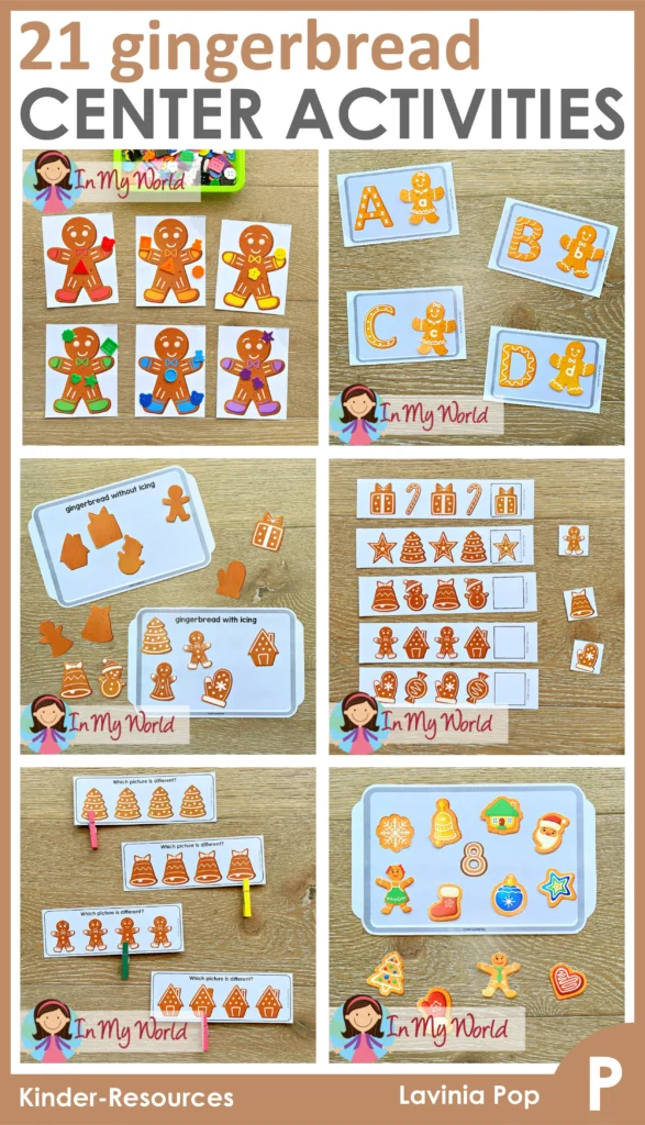 Gingerbread Centers for Preschool collage featuring fine motor, literacy, and math activities from the 21 gingerbread themed center tasks