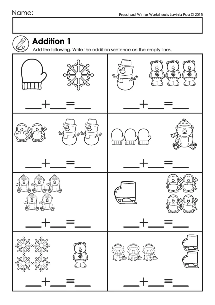 Winter Preschool No Prep Worksheets & Activities addition page using winter pictures to build simple math sentences