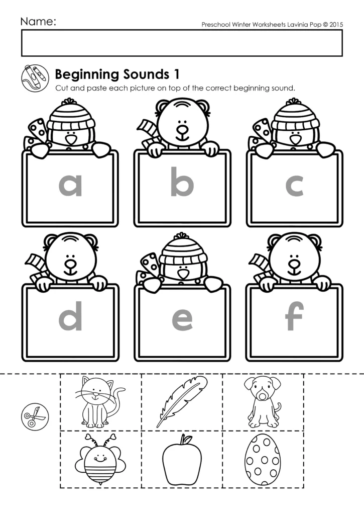 Winter Preschool No Prep Worksheets & Activities beginning sounds cut and paste page matching pictures to letters