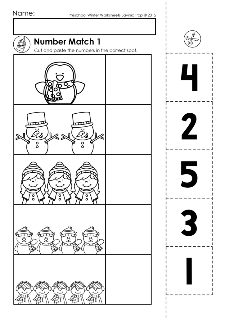 Winter Preschool No Prep Worksheets & Activities counting and number matching page with winter characters
