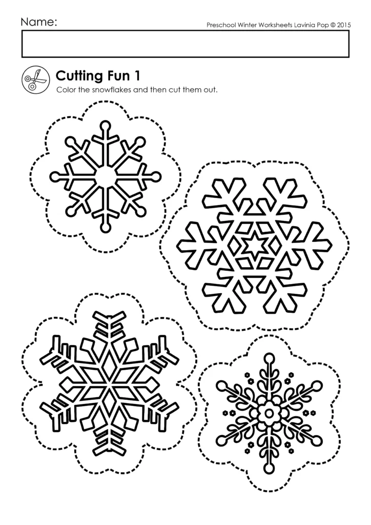 Winter Preschool No Prep Worksheets & Activities cutting practice page with snowflake shapes for fine motor skills