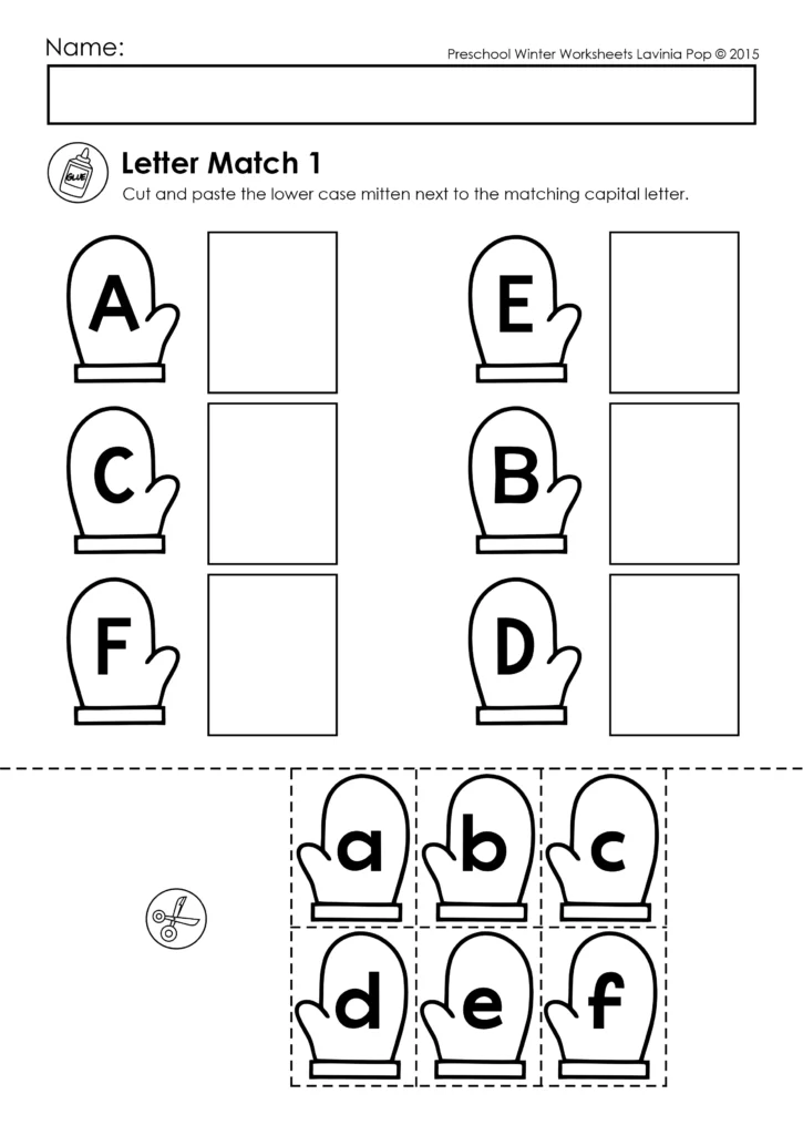 Winter Preschool No Prep Worksheets & Activities uppercase and lowercase letter matching page using winter mittens