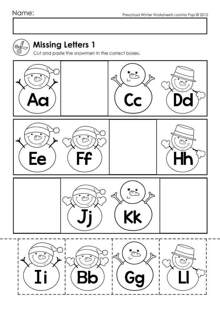 Preschool Winter Worksheets alphabet activity with missing uppercase and lowercase letters on snowmen