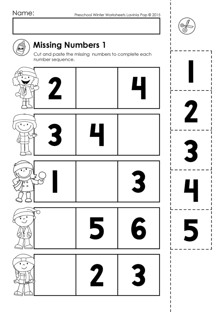 Preschool Winter Worksheets math page for filling in missing numbers in winter number sequences