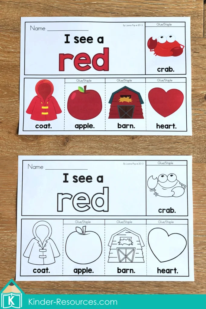 Colors Flip Book Emergent Readers red booklet with coat, apple, barn, heart, and crab pages in color and black and white.