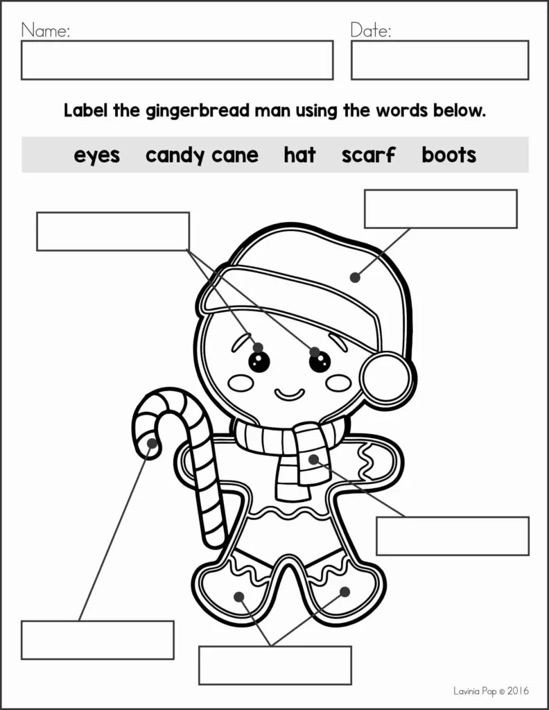 December Writing Journal Prompts free sample labeling page with words such as eyes, candy cane, hat, scarf, and boots for students to label a gingerbread man.