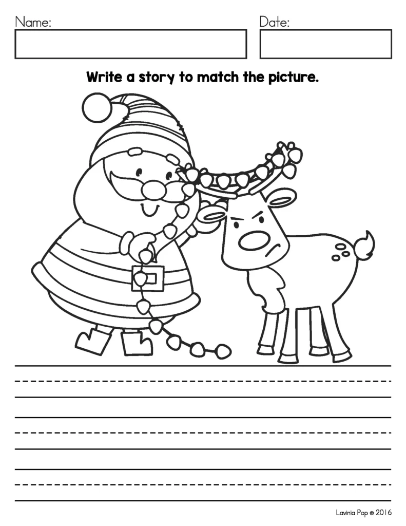 December Writing Journal Prompts free sample page with Santa holding Christmas lights next to a reindeer and writing lines for a matching story.