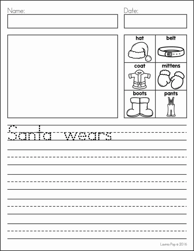 December Writing Journal Prompts free sample page with clothing vocabulary boxes and writing lines for students to complete the sentence “Santa wears.”