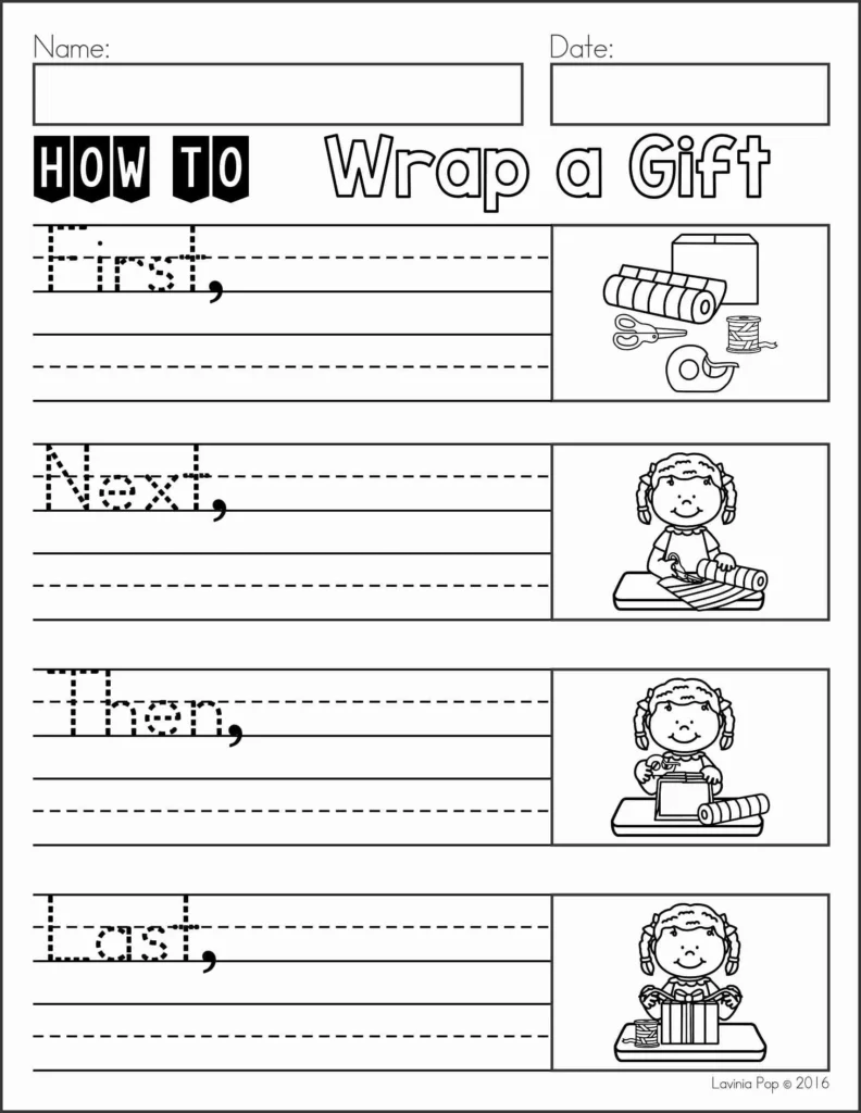 December Writing Journal Prompts free sample page for how to wrap a gift with step by step writing lines for First, Next, Then, and Last.