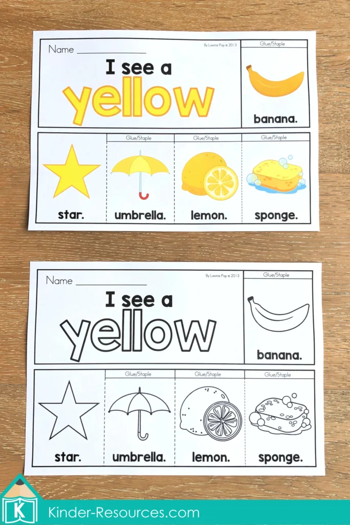 Colors Flip Book Emergent Readers yellow booklet with star, umbrella, lemon, sponge, and banana pages in color and black and white.