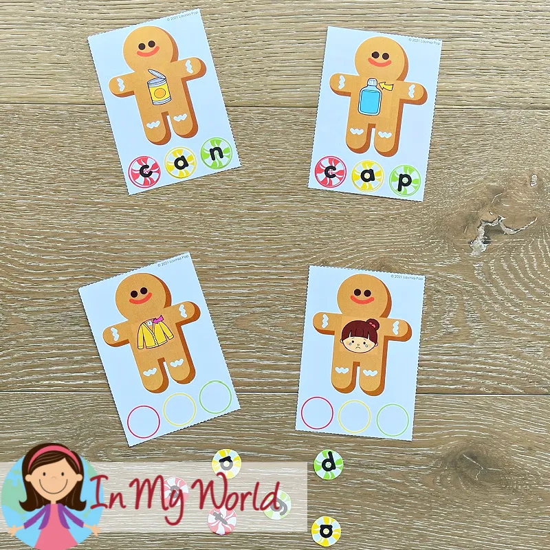 Gingerbread Centers for Preschool CVC word building mats with picture prompts and letter circles for early decoding skills