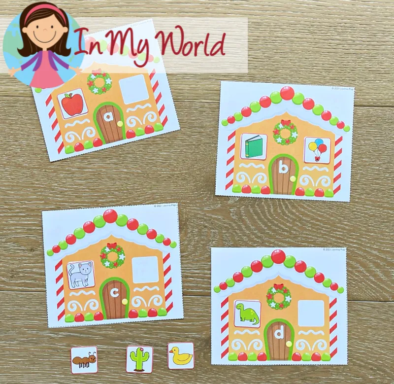 Gingerbread Centers for Preschool beginning sounds matching activity with gingerbread houses and picture cards for letter sound practice