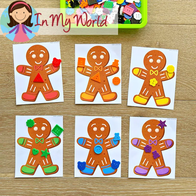 Gingerbread Centers for Preschool color matching activity with gingerbread characters and colorful buttons for sorting and visual skills