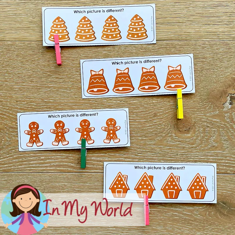 Gingerbread Centers for Preschool visual discrimination cards asking students to find the picture that is different