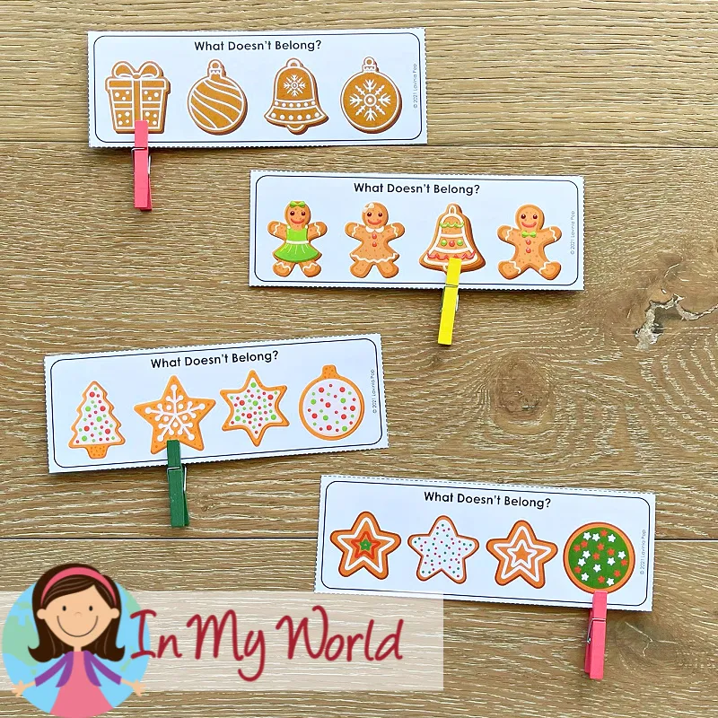 Gingerbread Centers for Preschool what doesn’t belong clip cards for visual discrimination and categorizing practice