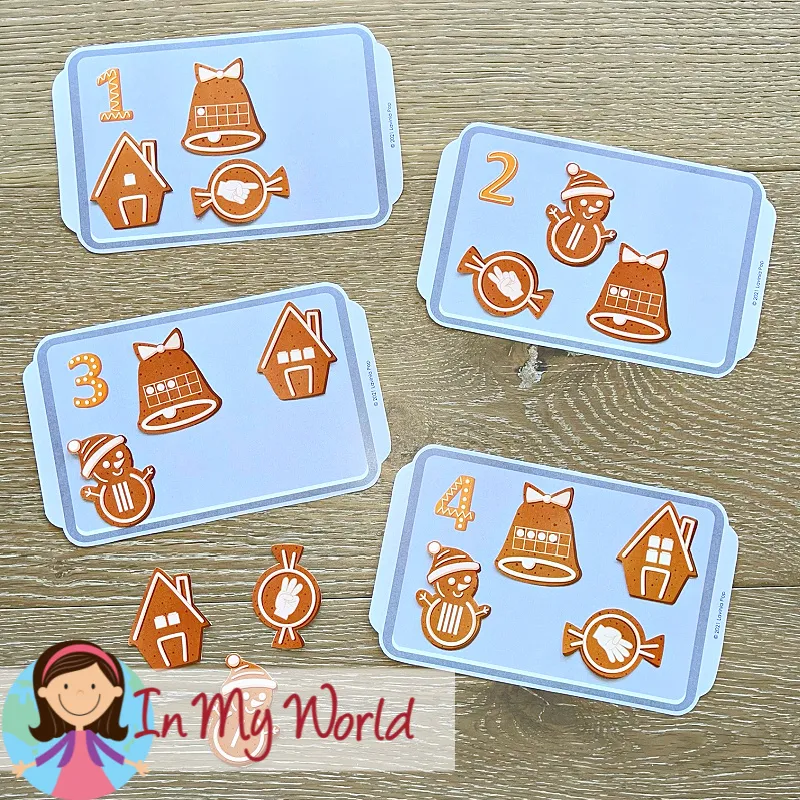 Gingerbread Centers for Preschool number sense mats with gingerbread themed picture cards for counting and matching quantities