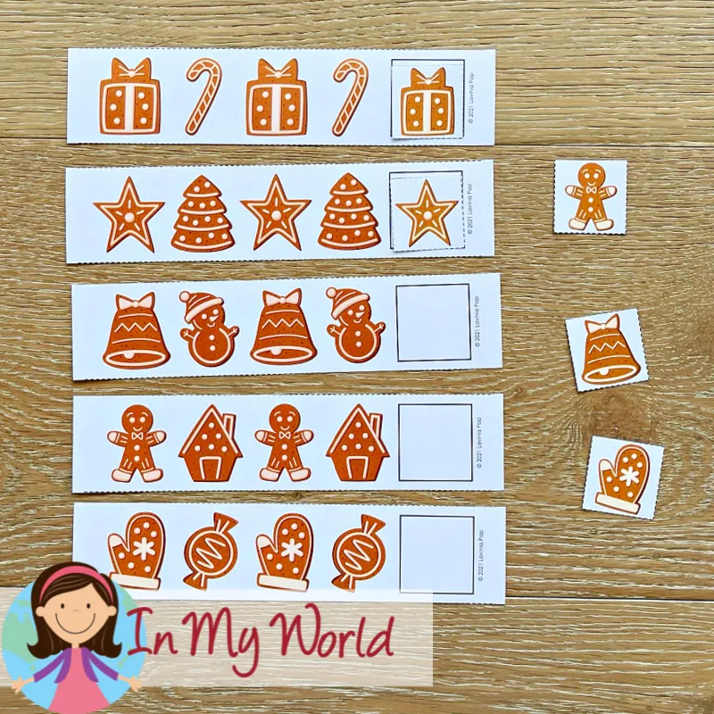 Gingerbread Centers for Preschool AB pattern strips with picture cards for completing simple patterns