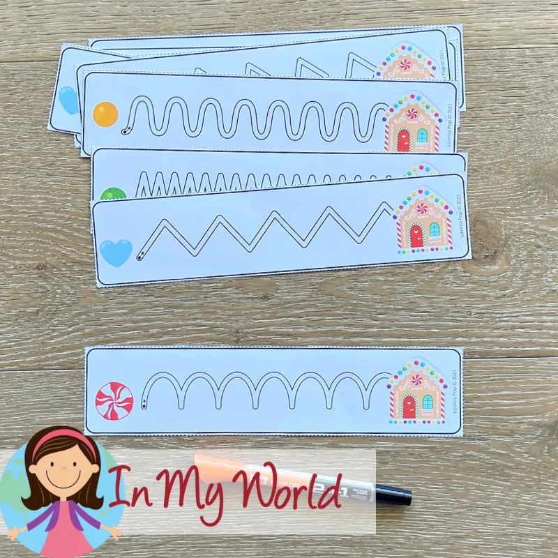 Gingerbread Centers for Preschool pre writing tracing strips with curved and zigzag lines for early handwriting development