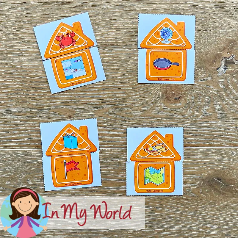 Gingerbread Centers for Preschool rhyming activity with gingerbread houses and picture pairs for early phonological awareness